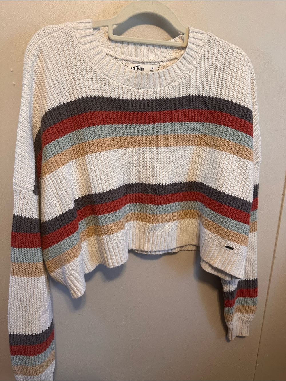 Hollister Cream Cropped Crewneck Sweater with Multicolor Stripes